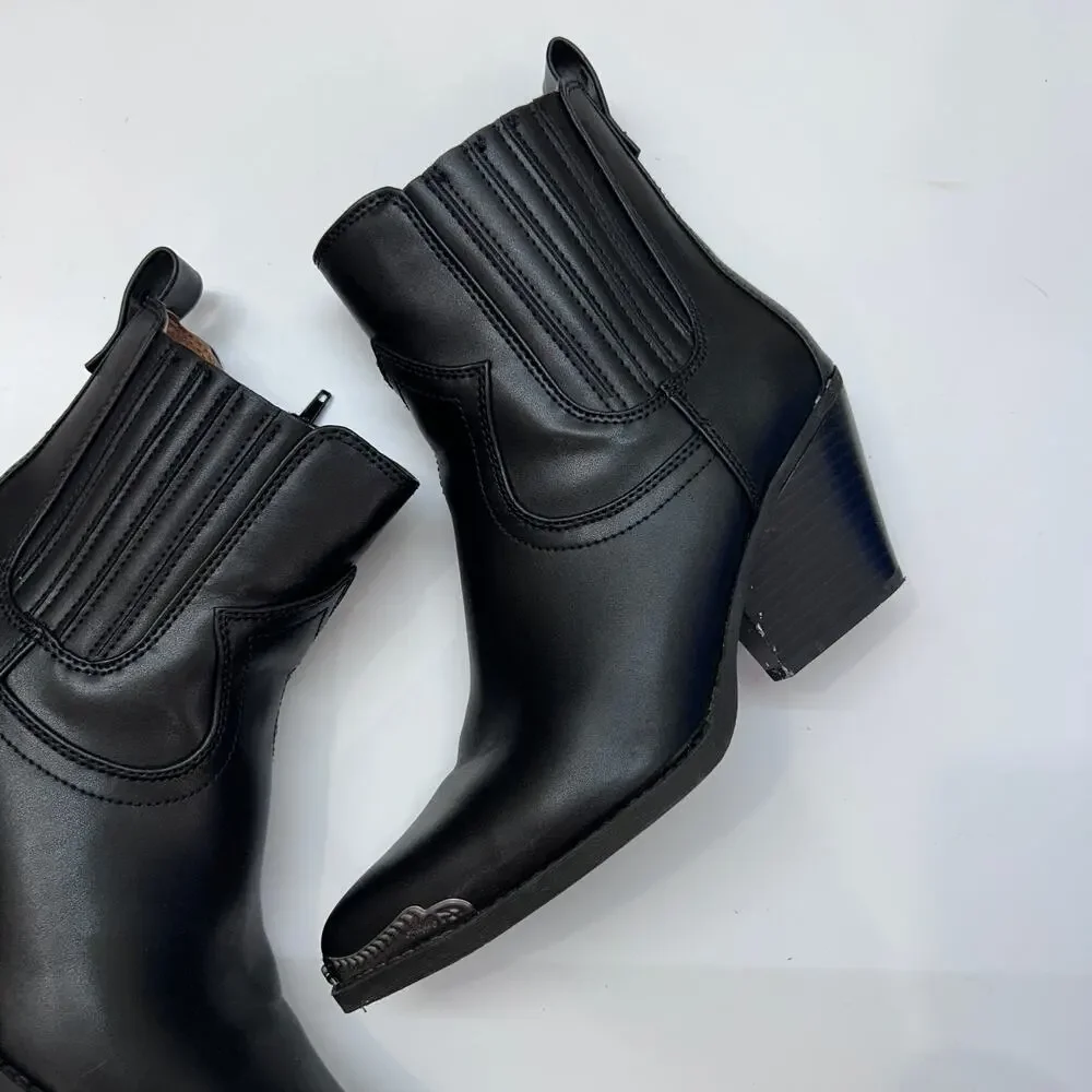 Zodiac Heeled Western Ankle Boot Bootie 9.5 Black Silver Faux Leather Nashville
